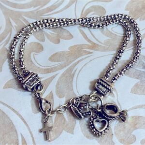 Premier Designs Hostess Charm Bracelet Double Strand Crown Heart Ring Cross 6.5”